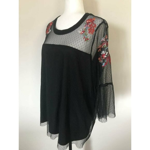 TORRID Floral Embroidered Mesh Top Size 1 Black Sheer Flared Sleeves Lined - Picture 5 of 8